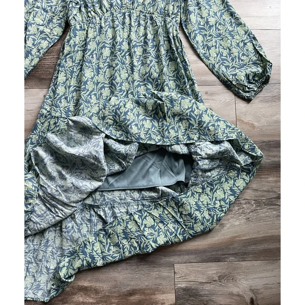 New Gilli Dress Blue Green Leaf-Print V-Neck Maxi Boho Dress Medium Rayon Lined - Picture 4 of 7